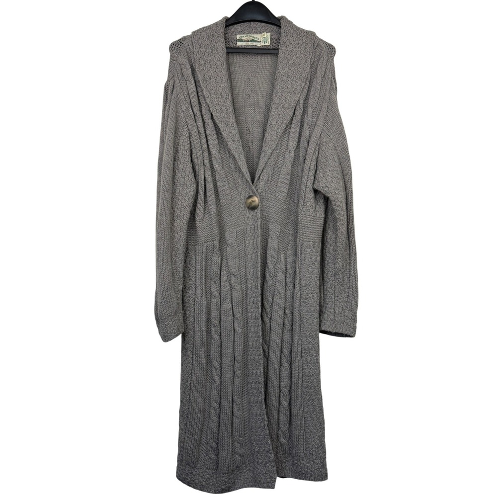 Vintage Aran Crafts Cardigan 100% MERINO WOOL Women XL Gray Cable Knit Sweater